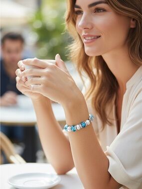 BELLA PERLINA Silver and Blue Bracelet with Murano Glass & Blue Charms NWT